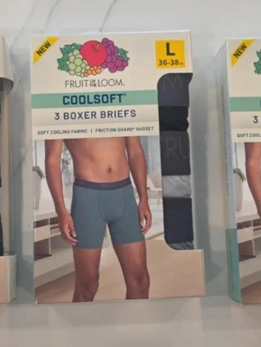9 pairs of Fruit of the Loom boxer briefs, size large.